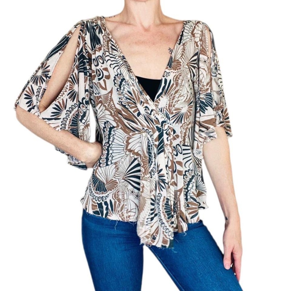 Free People Brown & Black Abstract Printed Flare Open Sleeve Shirt